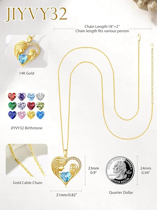 Mother and Daughter/Son Love Heart Necklace White Gold/14K Gold/Rose Gold Birthstone Jewelry Christmas Mothers Day Birthday Gifts For Mom Wife Grandma Women