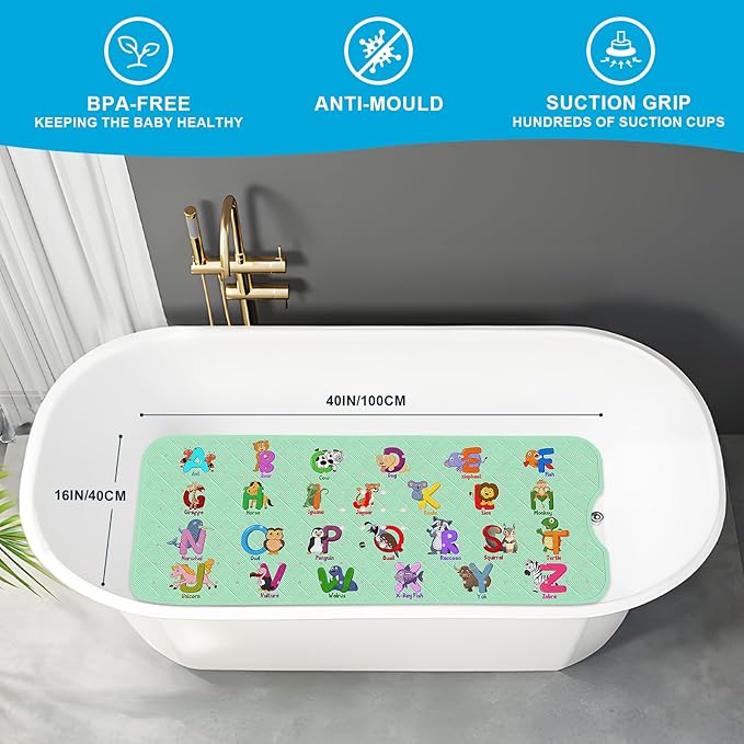 XIYUNTE Baby Bath Mat for Tub Non Slip Kids Bath Mat - 40''x16'' Extra Long Cartoon Bathtub Mat Non Slip Kids Shower Mat Eco-Friendly Toddler Bath Mats with Suction Cups, Machine Washable