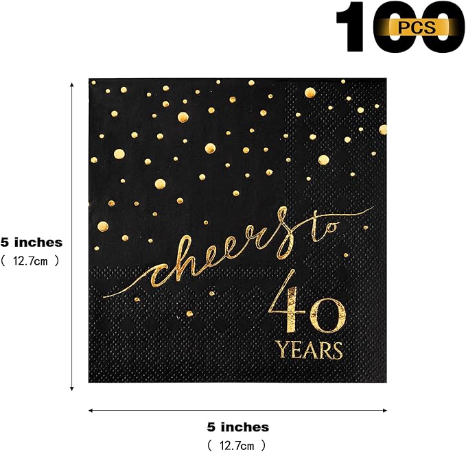 100 Pack of 40th Birthday Napkins, Cheers to 40 Cocktail 5x5 Inches Party Paper Napkins for Birthday Decorations Wedding Anniversary Black and Gold, 3-Ply