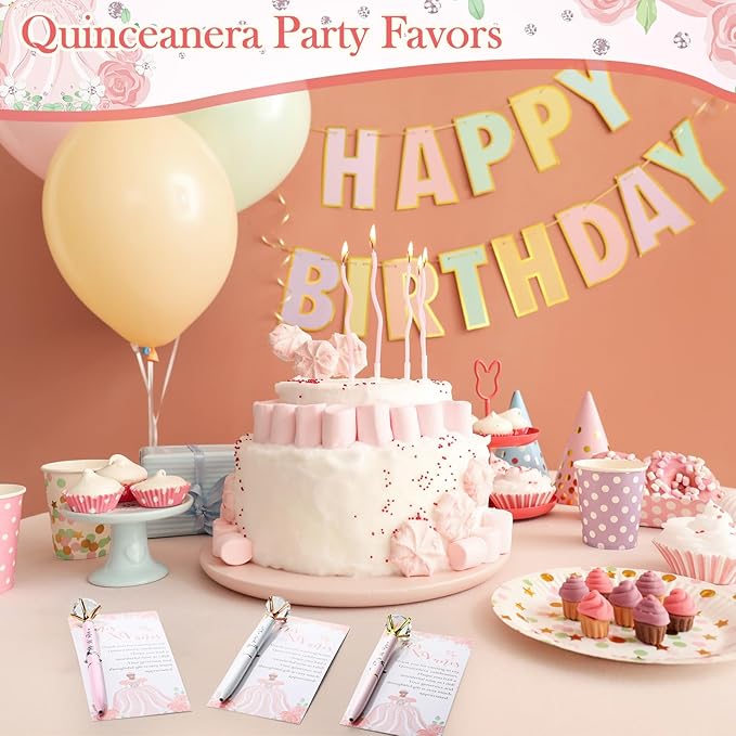 25 Sets Quinceanera Party Favors Sweet 15 Diamond Pens Fancy Ballpoint Pens with Crystal Birthday Party Thank You Cards and Ties Thank You Gifts for Guests Back School(White, Pink)