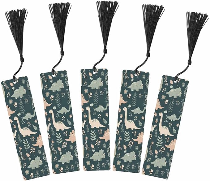 Cute Dinosaur 5 Pcs Bookmarks Tropical Leaf Flower Green Wooden Bookmarks with Tassel for Students Reader Teachers Book Lovers