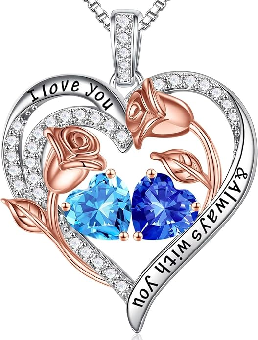 Iefil Valentines Day Gifts for Her - 925 Sterling Silver Rose Heart Birthstone Necklace Birthday Anniversary Jewelry Gifts for Her Wife Mom Daughter