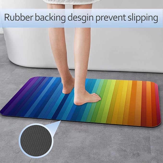 Bathroom Rug 29.5"x17", Abstract Rainbow Lines Bath Mat with Non-Slip Rubber Backing, Quick-Drying Absorbent Thin Floor Mat for Bathroom, Shower, Sink, or Kitchen