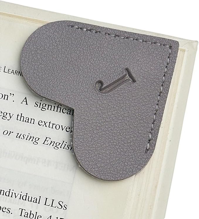 MOTEERLLU Personalized Leather Heart Bookmark with Initial, Cute Letters Custom Corner Book Mark for Reading Women, Teacher, Student, Book Lovers Gifts, Book Accessories (Grey, J)