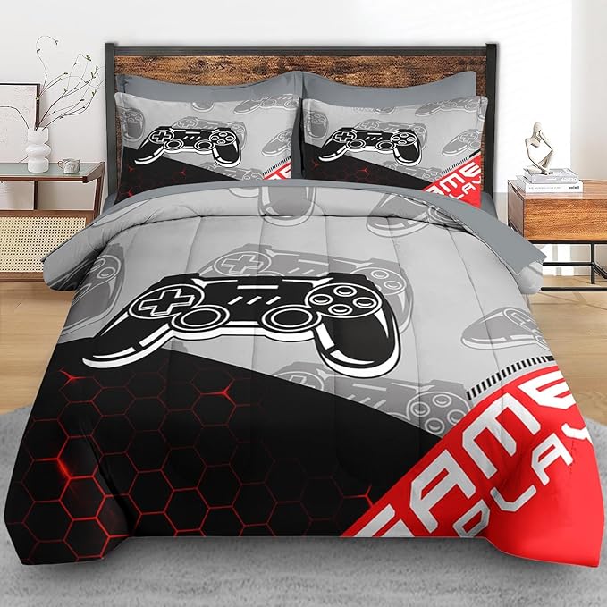 Comforter Set Twin Size, Boys Play Game Gamepad 5 Pcs Bedding for Kids and Adults, Video Gaming Sport Bed Sheet Sets with Fitted Sheet Pillowcase & Sham for Bedroom Bed Decor