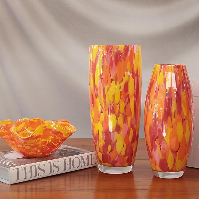 Ca D Oro Glass Vase Orange/Yellow Confetti Hand Blown Murano-Style Art Glass for Flower and Decor - Model Oliva G