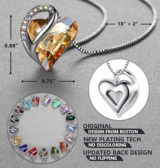 Leafael Valentine's Day Gift Necklaces for Women, Infinity Love Birthstone Heart Crystal Pendant, Birthday Anniversary Jewelry for Wife, Mom, and Her, Silver Plated, 18" + 2" Adjustable Chain