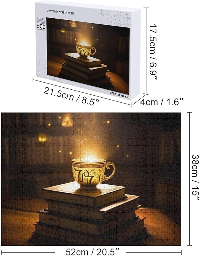 Wooden Puzzle - Hot Tea On A Book Rounded Corner Jigsaw Puzzles，Wooden Puzzles for Adults 500 Pieces Challenge Puzzles，Educational Games，Family Puzzles，Unique Gifts for Wall Art