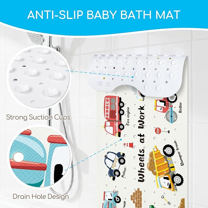 Baby Bath Mat for Tub, Non Slip Kids Bath Shower Mat, 40 X 16 Inch Large Bathtub Mat with Drain Holes and Suction Cups for Toddlers, Machine Washable and Waterproof (Excavator)