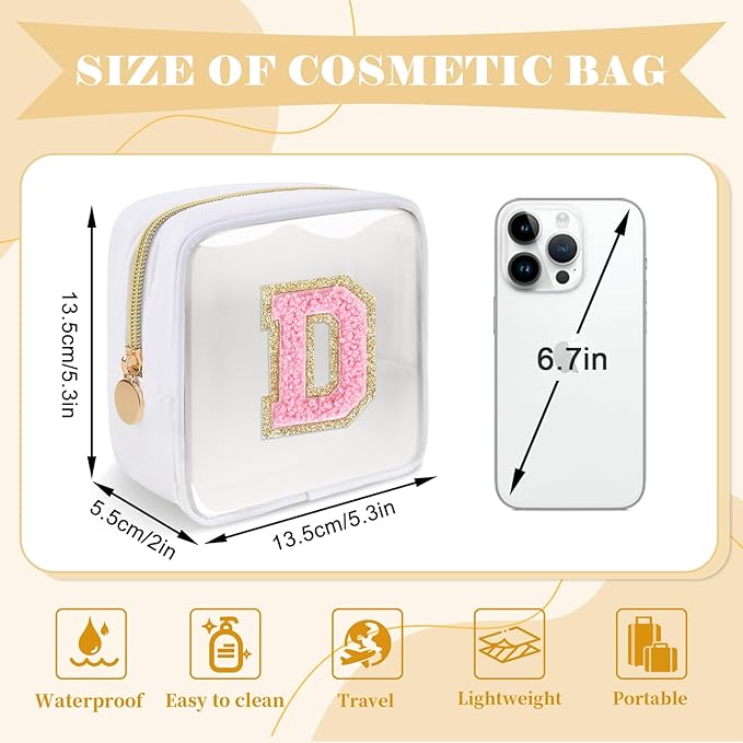 Personalized Initial Letter Clear Preppy Makeup Bag,Mini Nylon Chenille Letter Cosmetic Bag Cute Zipper Pouch Purse for Teen Girls,Portable TSA Approved Beach Travel Essentials Bag Gift for Women,D