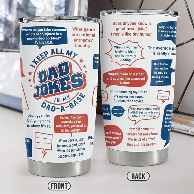 SANDJEST Dad Jokes Insulated Tumbler with Lid - 20oz Stainless Steel Mug for Father - Funny Coffee Cup for Travel Sport Office, Gift for Birthday Father’s Day