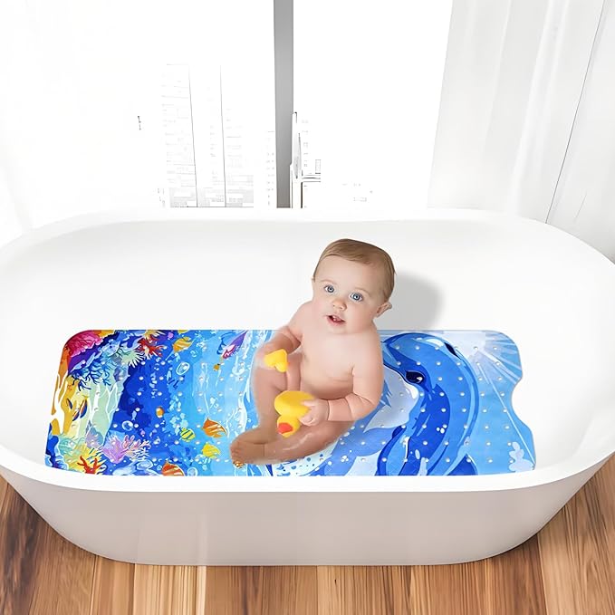 Vanleonet Baby Bathtub Mat Non Slip, 40''x16'' Extra Long Bathtub Mat Non Slip for Kids, Cartoon Shower Mat Anti Slip with Suction Cups & Drain Holes, Machine Washable, Dolphin