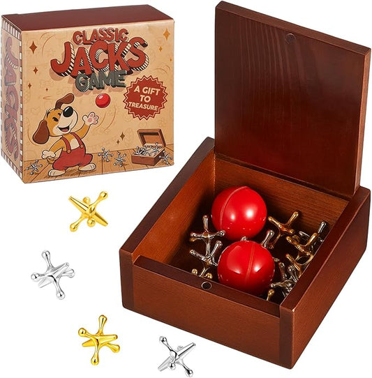 Gejoy 1 Pack Metal Jacks Set with 12 Metal Jacks and 2 Red Rubber Balls in Wooden Box Retro Jackstones Game for Adults Christmas End of Year Family Gatherings Gifts Birthday Party Favors