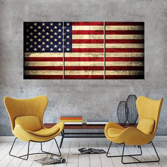 Native American Decor USA Flags Pictures Patriotic Paintings Stars Stripes Artwork 3 Pieces Red Canvas Wall Art for Home Posters and Prints Framed Stretched Ready to Hang in Living Room(48''Wx24''H)