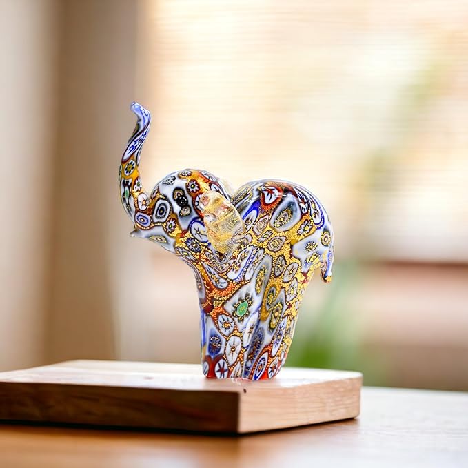 Handmade Authentic Murano Glass Millefiori Mosaic Elephant Figurine, 3.5" Tall, 24K Gold Foil Finish, Cute Glass Elephant Figurine, Collectible, Animal Ornament Gift Decor, Made in Italy