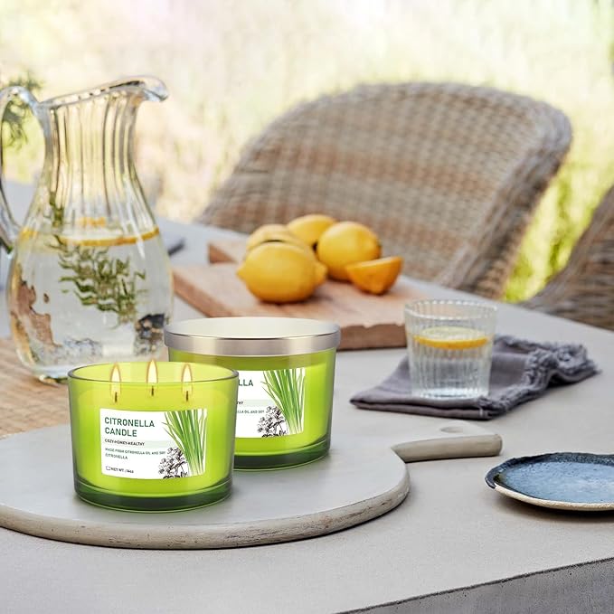 Set of 2 Green Glass Jars Citronella Oil Candles 14oz Smokeless & Outdoor Candles Perfect for Courtyards, Backyards, Camping, Picnics, and Garden.