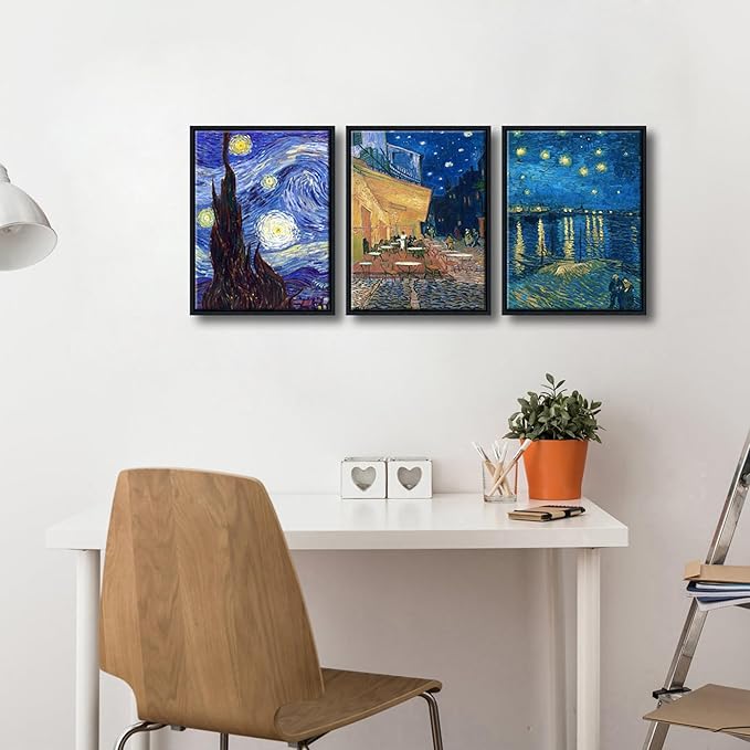 Wieco Art Framed 3 Panels Canvas Prints of Vincent Van Gogh Paintings Reproduction Starry Night Over the Rhone Cafe Terrace at Night Canvas Wall Art for Home Office Decor