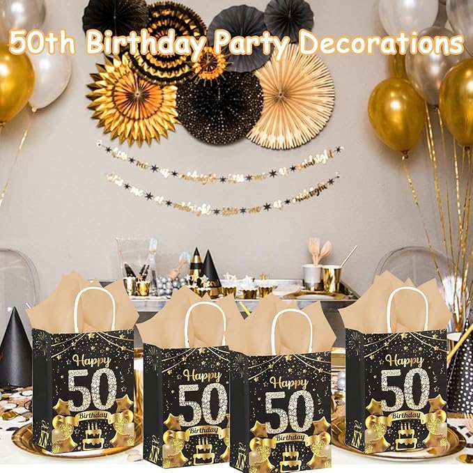 50Pcs 50th Birthday Party Favors Gift Bags Bulk, Black and Gold Happy 50th Gift Candy Wrap Bags with Tissue Paper, Vintage 50th Birthday Decorations Souvenir Bag for Men Women Anniversary Supplies (50th)