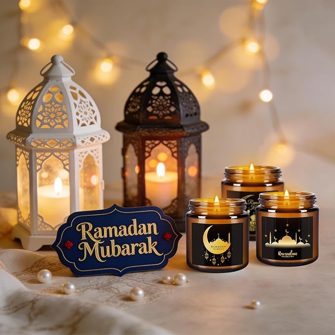 12pack Ramadan Scented Candles 3.5oz Soy Wax，Muslim Islamic Party Favors Gifts Glass Jar Candles for Home Happy Eid Festival Decor(Brown,Pattern)