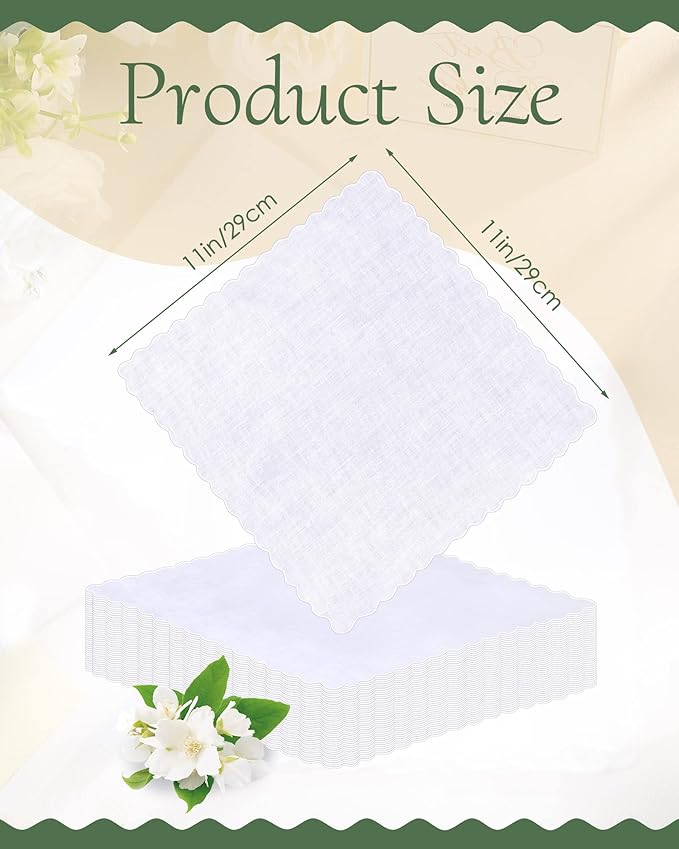 Kinlop Scalloped White Handkerchiefs for Women Men Bulk Cotton Hankies Pocket for Shower Gift Wedding Party Favor
