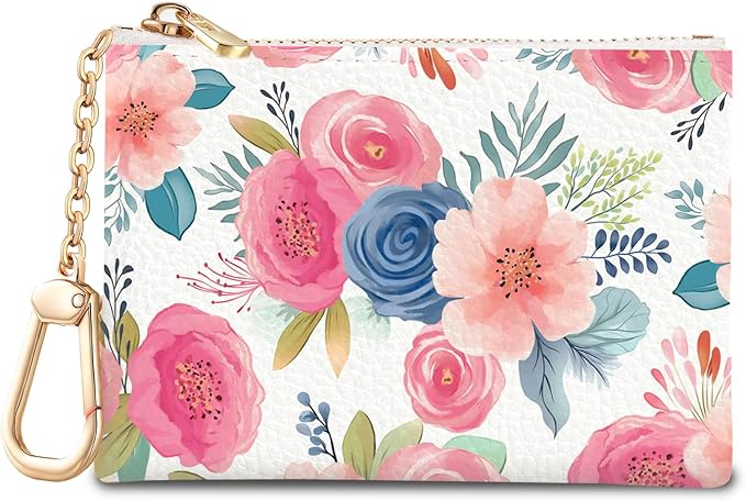 Watercolor Floral Keychain Coin Purse for Women, Small PU Leather Change Pouch, Zipper Little Tiny Travel Wallet for Girls, Cute Kawaii Zip Pocket Coin Holder with Key Ring