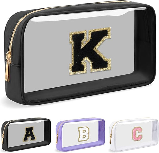 Personalized Initial Letter Clear Makeup Bag,Preppy Small Nylon&PVC Cosmetic Zipper Bag with Chenille Letter,Travel Skincare Toiletry Bag,Monogram Christmas Gift for Teen Girls Women,K