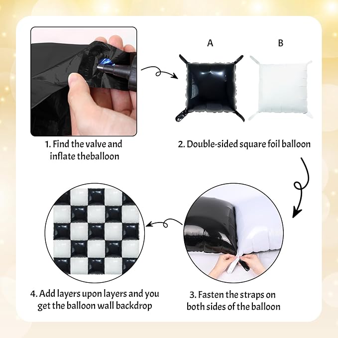 Black and White Square Foil Balloon Wall, 25 PCS Double Sided Checkered Balloons Flat Square Balloon Backdrop for Checkerboard Racing Themed Birthday Party Background Decoration