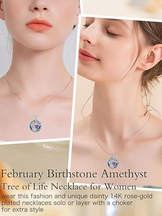 TOUPOP Tree of Life Birthstone Necklace 925 Sterling Silver Pendant Austrian Crystal Jewelry Anniversary Valentine's Day Birthday Gifts for Women Mom Her Wife