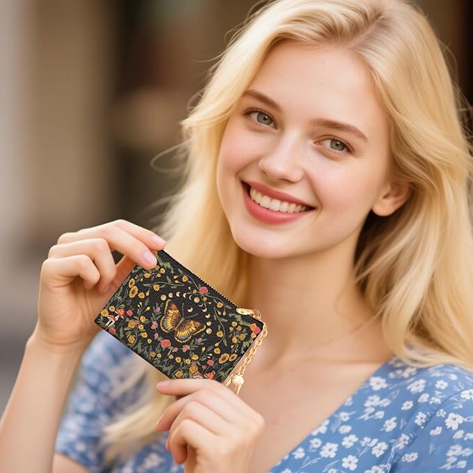 Butterfly Moon Keychain Coin Purse for Women, Mushroom Floral Vintage Small PU Leather Change Pouch, Zipper Little Tiny Travel Wallet for Girls, Cute Zip Pocket Coin Holder with Key Ring