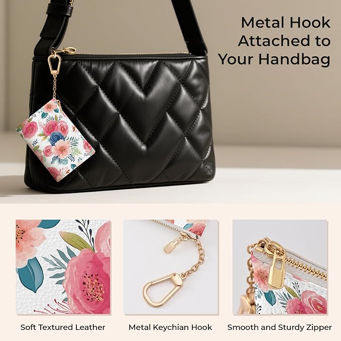 Watercolor Floral Keychain Coin Purse for Women, Small PU Leather Change Pouch, Zipper Little Tiny Travel Wallet for Girls, Cute Kawaii Zip Pocket Coin Holder with Key Ring