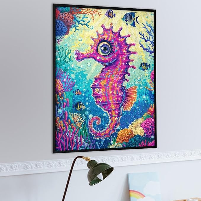 Colored Seahorse Wooden Puzzle 1000 Pieces Jigsaw Puzzles for Adults Puzzle Educational Toys Challenging Fun Games Gifts for Elders Kids Family and Friends