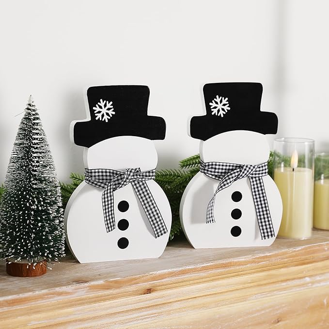 Christmas Decorations-2pcs Winter Wooden Snowman Signs Winter White Standing Farmhouse Snowman for Office Table Mantle Home Xmas Party Decor