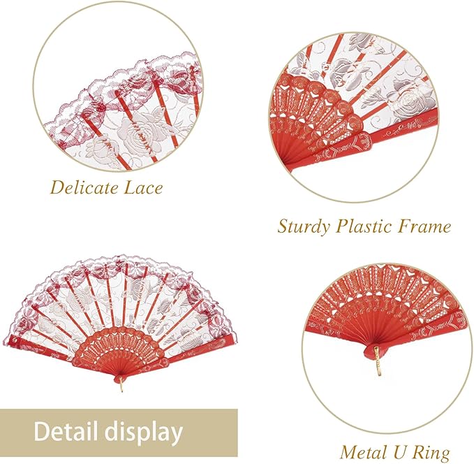 QIRMIZI 30pcs Silk Folding Hand Fans,Silk Fans,Red Rose Fans,Perfect for Weddings, Parties, and Dancing,Red