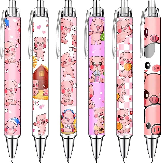Idealmuzik Pink Pig Pens Set – Cute Piggy Gel Pens for Animal Lovers – Fun Writing Stationery Gift for Office, or Journaling – New Year Gifts, 6 Pack