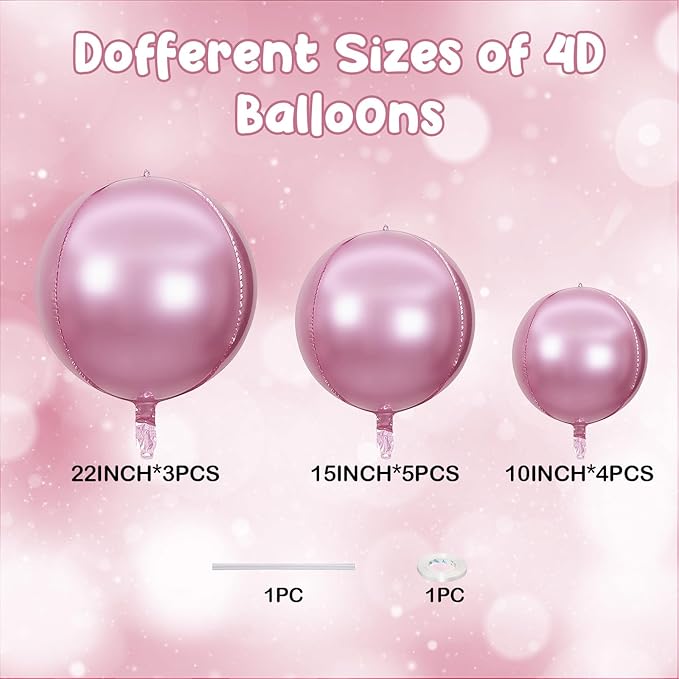 12PCS Pearl Pink Round Foil Balloons, 22" 15" 10" Large 4D Ball Balloons Metallic Pearl Pink Mirror Balloon for Graduation Valentines Day Wedding Women Girls Birthday Party