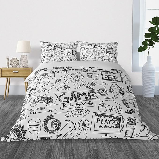 Gaming Comforter Sets for Boys Teen Twin Size,Kids Video Games Bedding Set Sketch Style Athletic Racing Game Design Bedroom Home Decor