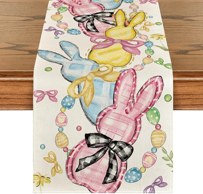 Artoid Mode Floral Bow Bunny Rabbits Eggs Easter Table Runner, Seasonal Spring Kitchen Dining Table Decoration for Home Party Decor 13x90 Inch