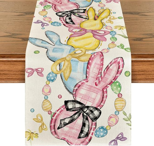 Artoid Mode Floral Bow Bunny Rabbits Eggs Easter Table Runner, Seasonal Spring Kitchen Dining Table Decoration for Home Party Decor 13x90 Inch