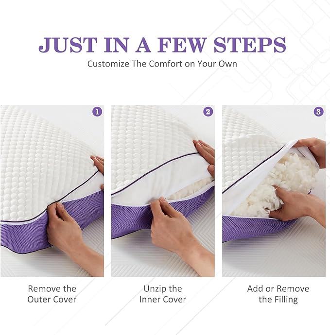 HOMELAB Adjustable Shredded Memory Foam Pillows King Size, Cooling Bed Pillows for Sleeping with Removable Cover, 2 Packs Medium Pillows for Side Stomach & Back Sleepers, 20"x34"