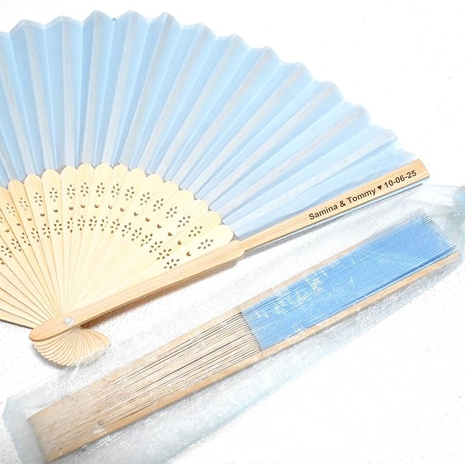 Personalized Engraved Silk Fans Folding Hand Fans with Organza Bags, 11Pcs Light Blue Summer Wedding Fans, Custom Imitated Silk-Bamboo Fans for Guests Wedding Party Favor Bridal Shower Gifts