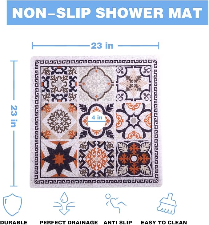 Square Shower Mat 23x23 Inch Non-Slip with Drain Hole, Shower Floor Mats for Bathroom, PVC Loofah Stall Mat, Secure Boho Bath Mats