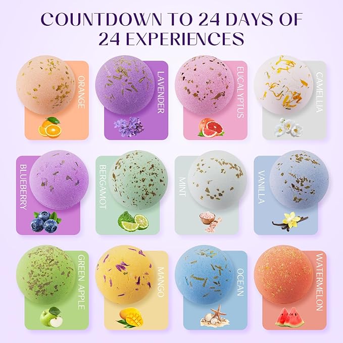 Advent Calendar 2025, 24 Different Natural Scents Bath Bombs Advent Calendar for Relaxation & Stress Relief-Christmas Gift for Women & Men, Stocking Stuffers