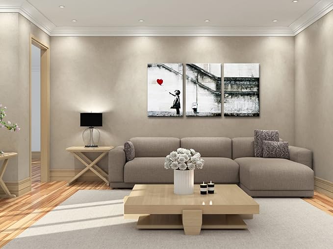 Wieco Art Banksy Grafitti Girl with Red Balloon Modern 3 Piece Famous Canvas Paintings Wall Art Inspirational Grey Love Pictures Print Artwork for Dining Room Kitchen Home Office Decor