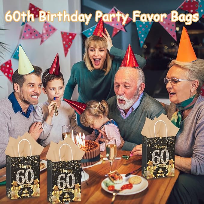 50Pcs 60th Birthday Party Favors Gift Bags Bulk, Black and Gold Happy 60th Gift Candy Wrap Bags with Tissue Paper, Vintage 60th Birthday Decorations Souvenir Bag for Men Women Anniversary Supplies (60th)