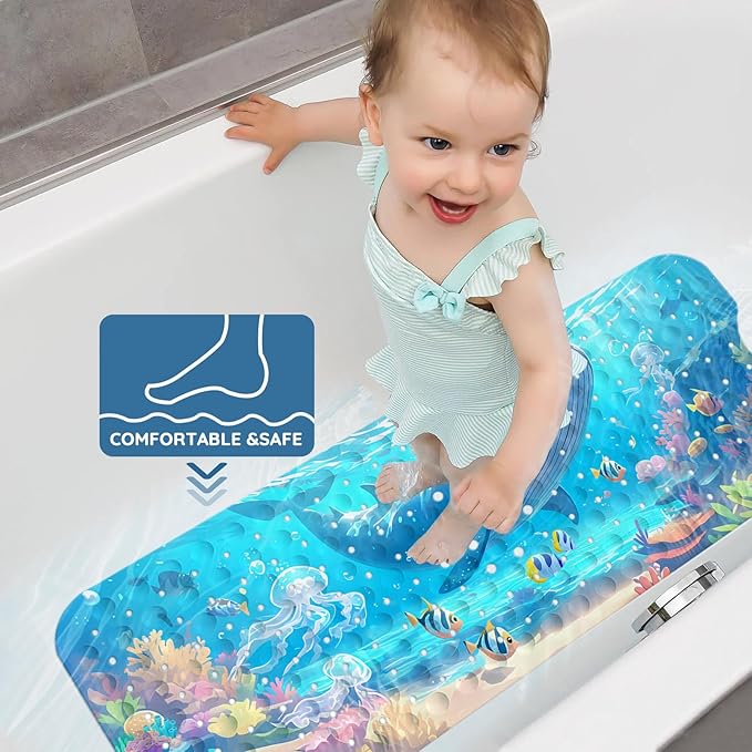 LNOND Bath Mat for Tub for Kids, Ocean Bathtub mat Non Slip,Blue Whales Bath Mats for Bathroom Non Slip with Drain Holes and Suction Cups,Machine Washable (40 X 16 Inch)