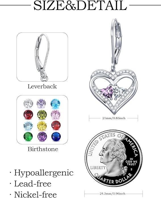 Heart Leverback Earrings Double Birthstone Dangle Earrings for Women, Love Jewelry for Her, Christmas Gifts for Women, Anniversary Birthday Gift for Mom Wife Girlfriend