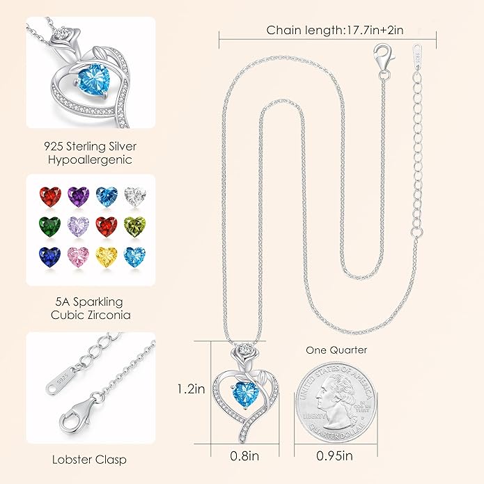 LOUISA SECRET Rose Flower Heart Birthstone Necklaces for Women, 925 Sterling Silver Fine Jewelry, Pendant Heart Necklaces Birthday Anniversary Christmas Gift for Women Wife Mom Girlfriend Lady