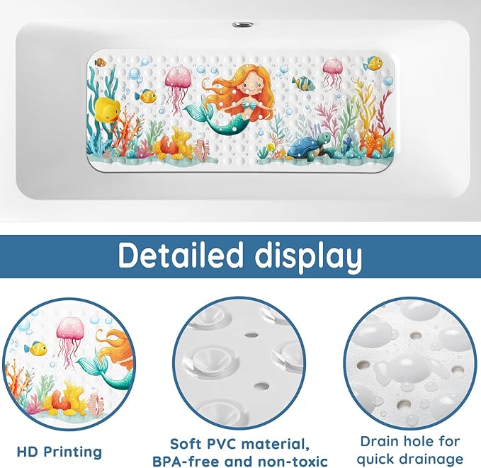 LNOND Bath Mat for Tub for Kids, Toddler Bathtub mat Non Slip, Sea Mermaids Kids Bath Mats for Bathroom Non Slip with Drain Holes and Suction Cups,Machine Washable (40 X 16 Inch)