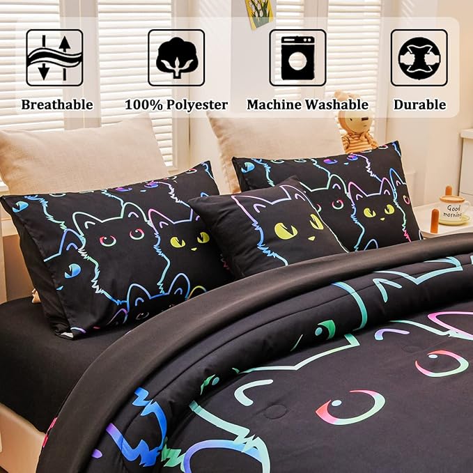 Cute Cat Full Comforter Set with Sheets, Boys Girls Lightweight 6 Pcs Bed in A Bag Full Size Bedding Set for Kids Teens
