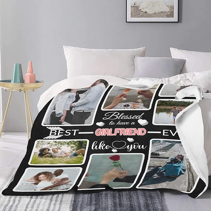 Custom Blanket Gifts for Girlfriend, Customized Blankets with Photos, Make a Personalized Bed Throws, Custom Souvenir Throw Blanket for Best Girlfriend Ever, 8 Collages Made in USA
